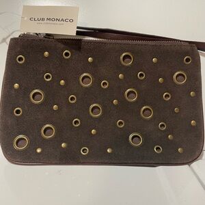 BNWT Vintage Club Monaco Brown Suede Leather Clutch With Metal Eyelets